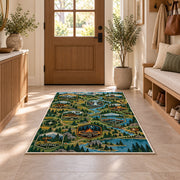 Woodland Camping Trail Map Rug shown in an entryway near a wooden door