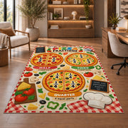 Pizza Fractions Learning Rug shown beside a lounge chair and wooden shelving