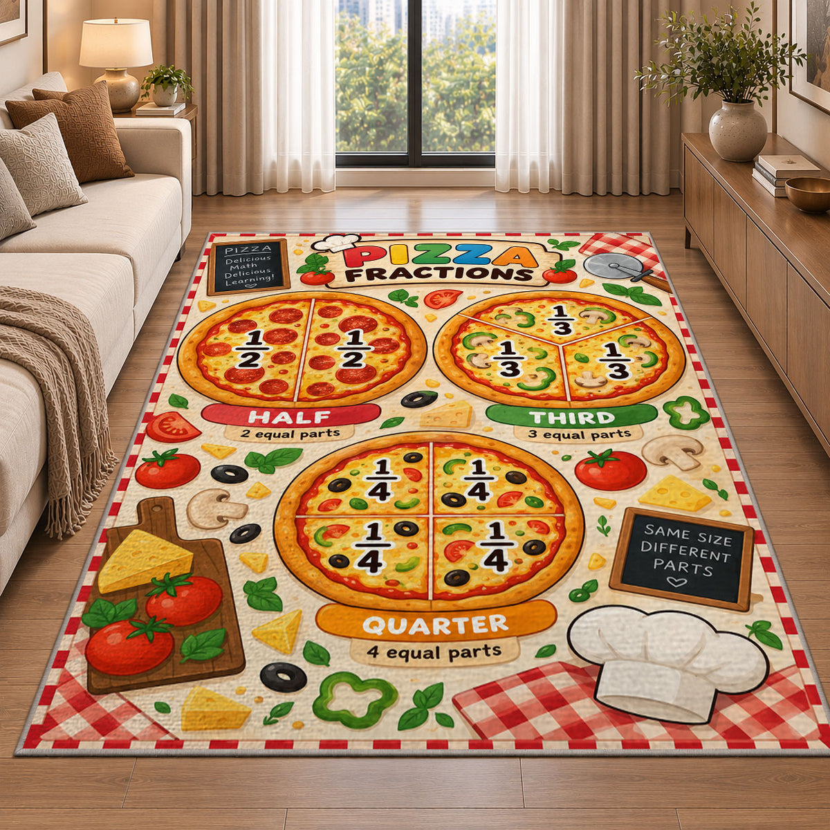 Pizza Fractions Learning Rug shown beside a sofa in a bright living room