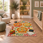 Pizza Fractions Learning Rug shown in a nursery with a cot and soft toys