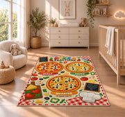 Pizza Fractions Learning Rug shown in a sunlit nursery beside a white cot
