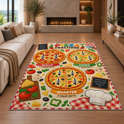 Pizza Fractions Learning Rug shown in a living room with a fireplace