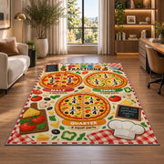 Pizza Fractions Learning Rug shown near large windows and a sofa