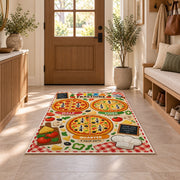 Pizza Fractions Learning Rug shown in an entryway near a wooden door