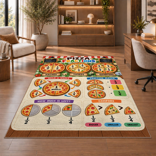 Pizza Fraction Activity Rug shown beside a lounge chair and wooden shelving
