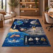 Moon Mission Space Rug shown beside a lounge chair and wooden shelving