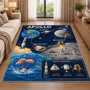 Moon Mission Space Rug shown beside a sofa in a bright living room