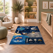 Moon Mission Space Rug shown in a nursery with a cot and soft toys