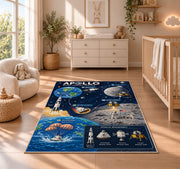 Moon Mission Space Rug shown in a sunlit nursery beside a white cot