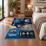 Moon Mission Space Rug shown beside a bed with neutral bedding