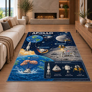Moon Mission Space Rug shown in a living room with a fireplace