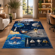 Moon Mission Space Rug shown near large windows and a sofa