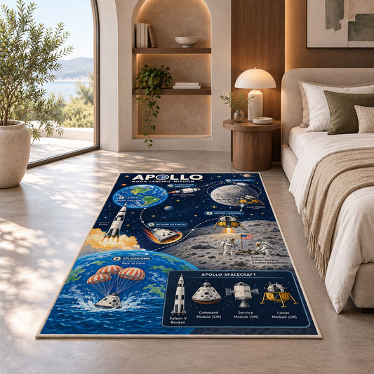 Moon Mission Space Rug shown in a bedroom by a garden window