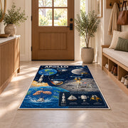 Moon Mission Space Rug shown in an entryway near a wooden door