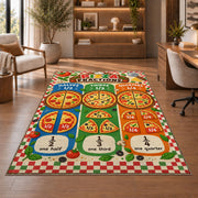 Pizza Halves Thirds and Quarters Rug shown beside a lounge chair and wooden shelving