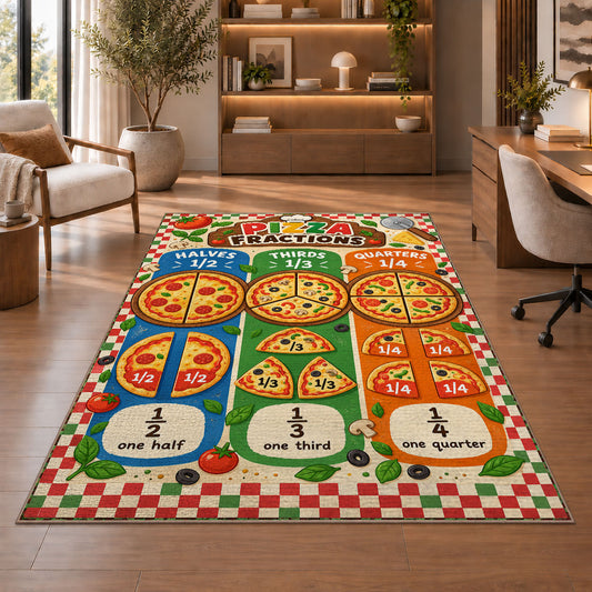 Pizza Halves Thirds and Quarters Rug shown beside a lounge chair and wooden shelving