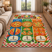 Pizza Halves Thirds and Quarters Rug shown beside a sofa in a bright living room