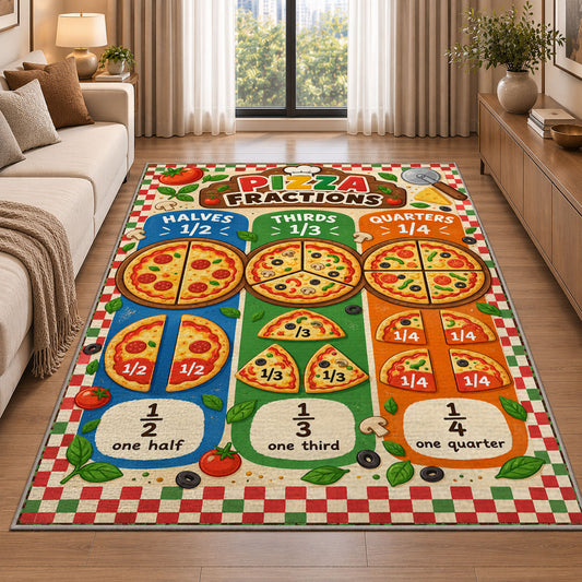Pizza Halves Thirds and Quarters Rug shown beside a sofa in a bright living room