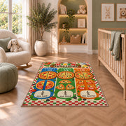 Pizza Halves Thirds and Quarters Rug shown in a nursery with a cot and soft toys