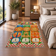 Pizza Halves Thirds and Quarters Rug shown beside a bed with neutral bedding