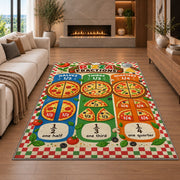 Pizza Halves Thirds and Quarters Rug shown in a living room with a fireplace