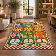 Pizza Halves Thirds and Quarters Rug shown near large windows and a sofa