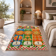 Pizza Halves Thirds and Quarters Rug shown in a bedroom by a garden window