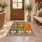 Pizza Halves Thirds and Quarters Rug shown in an entryway near a wooden door