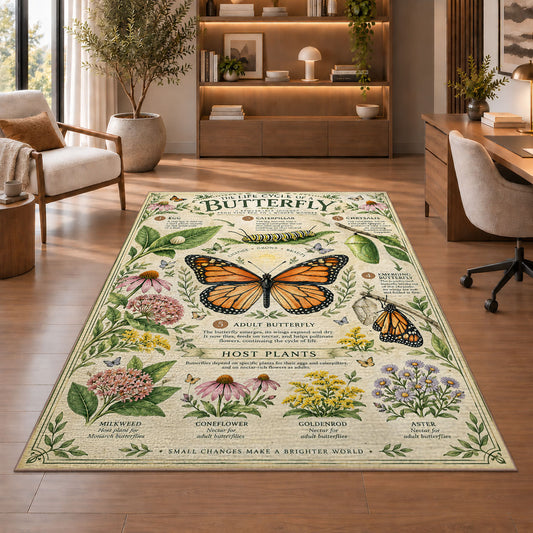 Butterfly Life Cycle Botanical Rug shown beside a lounge chair and wooden shelving