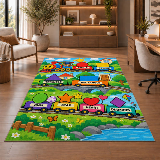 Shape Train Learning Rug shown beside a lounge chair and wooden shelving