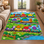 Shape Train Learning Rug shown beside a sofa in a bright living room
