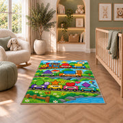 Shape Train Learning Rug shown in a nursery with a cot and soft toys