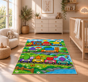 Shape Train Learning Rug shown in a sunlit nursery beside a white cot