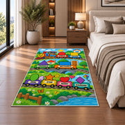 Shape Train Learning Rug shown beside a bed with neutral bedding