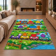 Shape Train Learning Rug shown in a living room with a fireplace