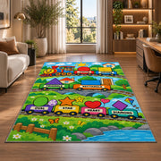 Shape Train Learning Rug shown near large windows and a sofa