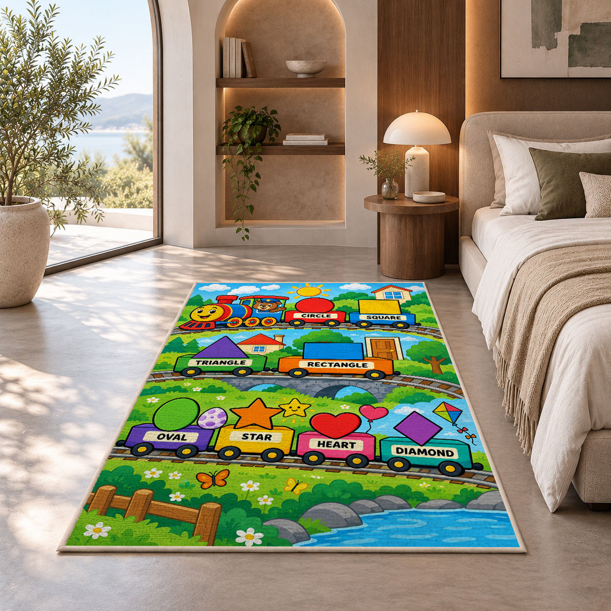 Shape Train Learning Rug shown in a bedroom by a garden window