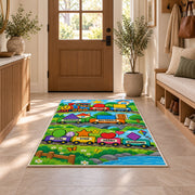 Shape Train Learning Rug shown in an entryway near a wooden door