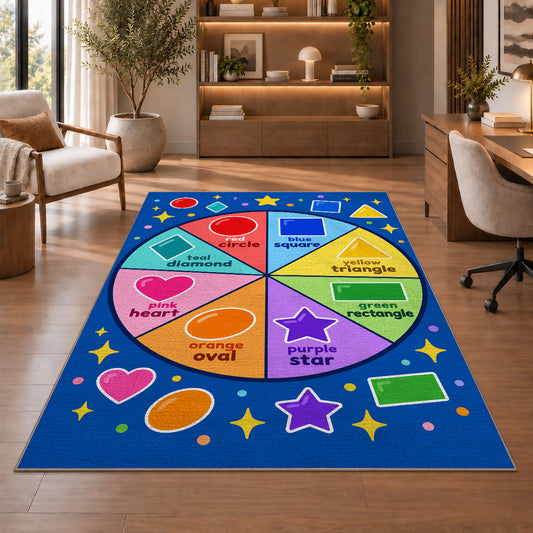 Shapes and Colors Wheel Rug shown beside a lounge chair and wooden shelving