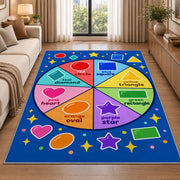 Shapes and Colors Wheel Rug shown beside a sofa in a bright living room