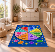Shapes and Colors Wheel Rug shown in a sunlit nursery beside a white cot