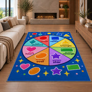 Shapes and Colors Wheel Rug shown in a living room with a fireplace