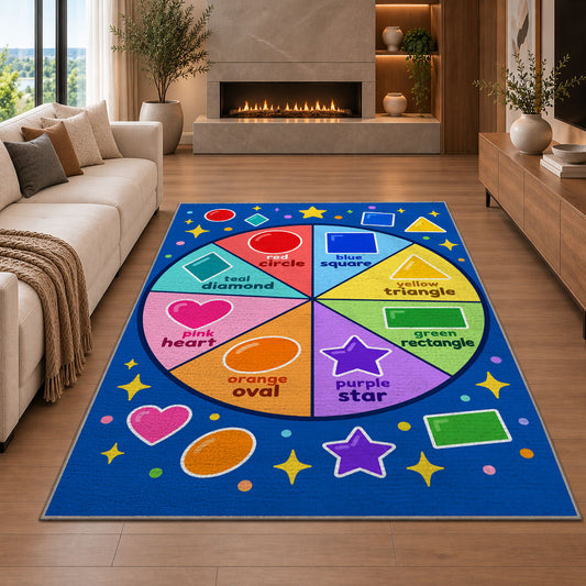 Shapes and Colors Wheel Rug shown in a living room with a fireplace