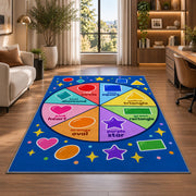 Shapes and Colors Wheel Rug shown near large windows and a sofa