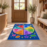 Shapes and Colors Wheel Rug shown in an entryway near a wooden door
