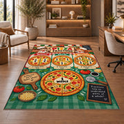 Pizza Fraction Kitchen Chart Rug shown beside a lounge chair and wooden shelving