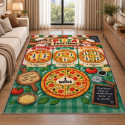 Pizza Fraction Kitchen Chart Rug shown beside a sofa in a bright living room