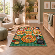 Pizza Fraction Kitchen Chart Rug shown in a nursery with a cot and soft toys