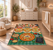 Pizza Fraction Kitchen Chart Rug shown in a sunlit nursery beside a white cot