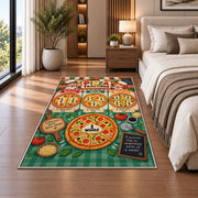 Pizza Fraction Kitchen Chart Rug shown beside a bed with neutral bedding
